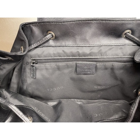 Authentic GUCCI Backpack Bag Black Leather Nylon Printed Logo Silver Metal - Picture 3 of 11